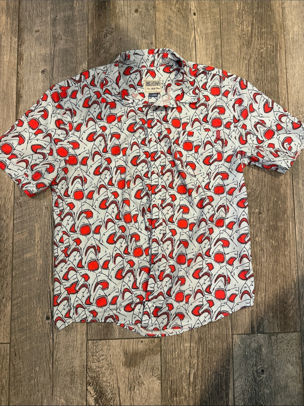 RSVLTS White Short-Sleeve Camp Shirt with Red Shark Print